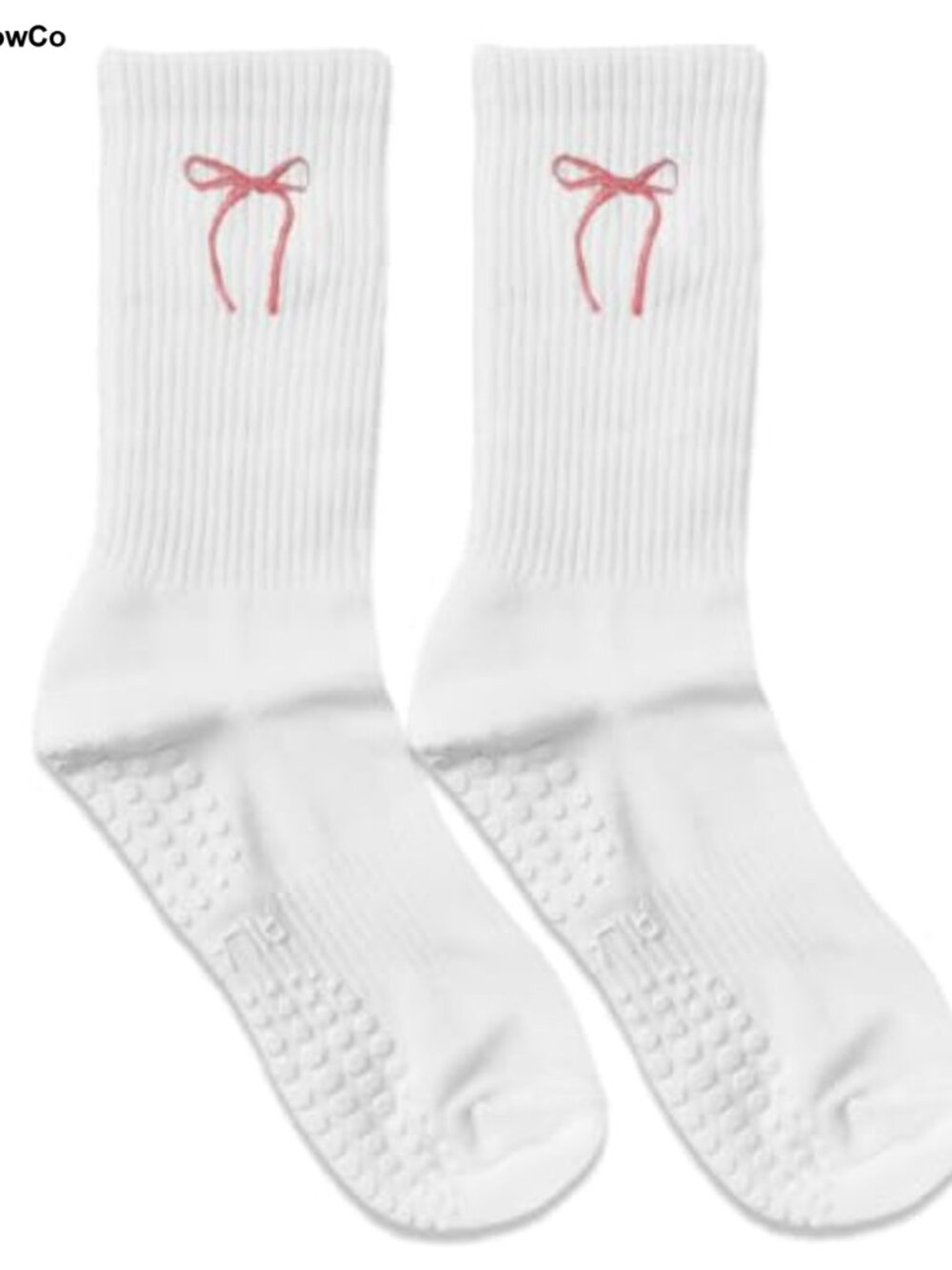Non Slip Grip Socks for Women, Cotton Crew Socks with Bow Design, Pilates Yoga